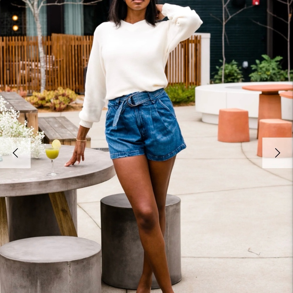 Able High-Waist Paperbag Denim Shorts - Blue